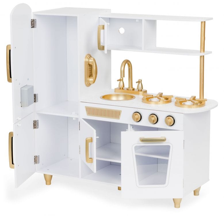 MeowBaby White & Gold Wooden Play Kitchen, angled view with both cabinet doors open