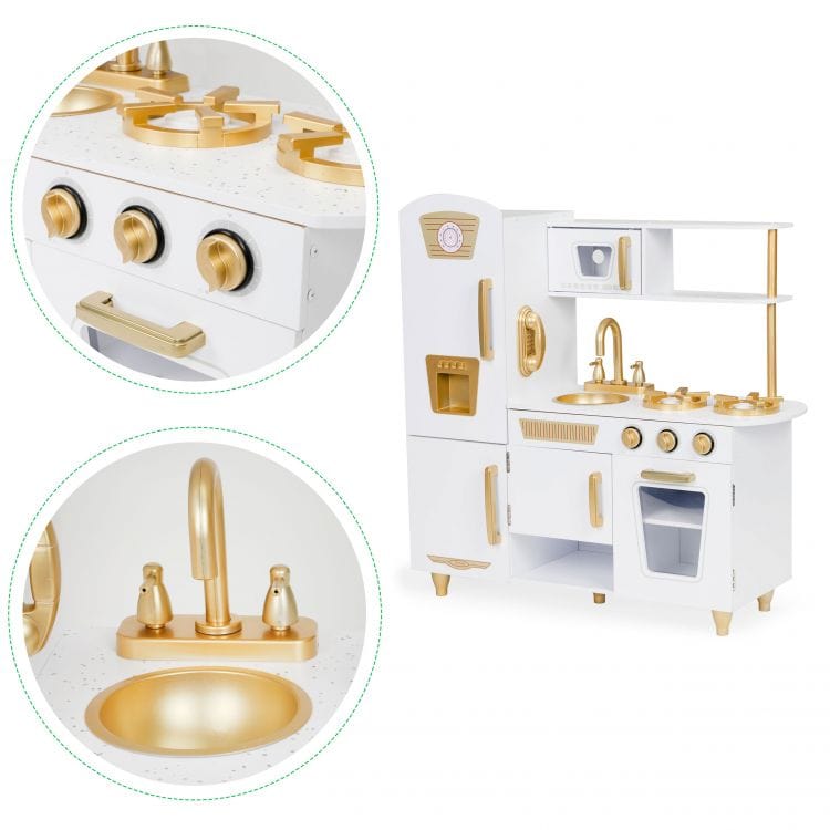Close-up of the MeowBaby White &amp; Gold Wooden Play Kitchen gold hob dial and sink hardware