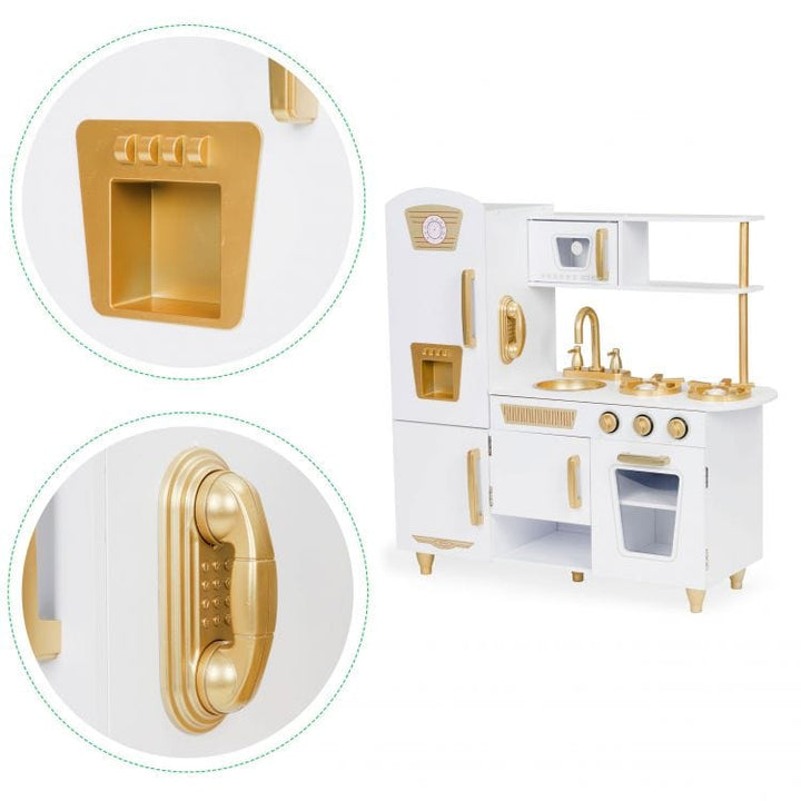 Close-up of the MeowBaby White &amp; Gold Wooden Play Kitchen fridge dispenser and cabinet handle