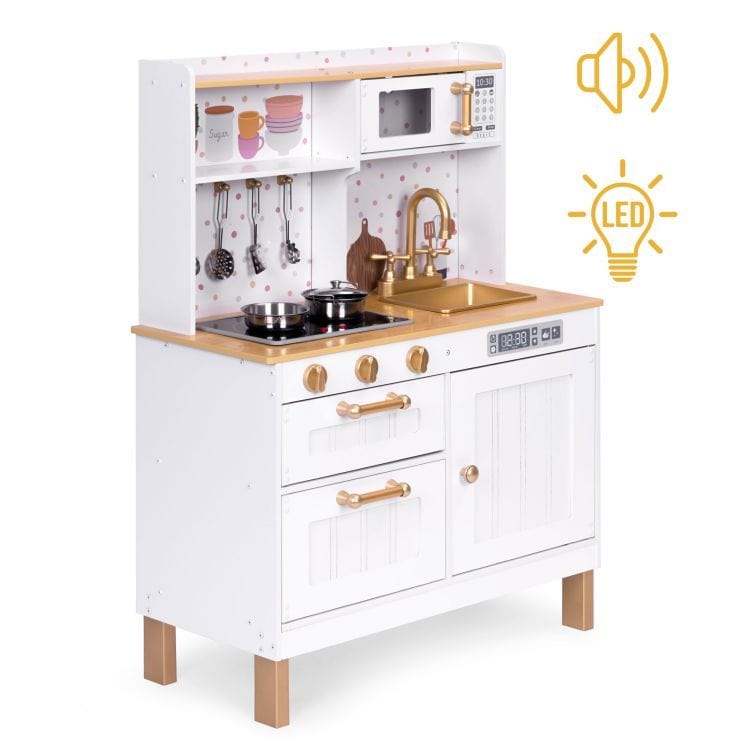 MeowBaby White & Rose Gold Wooden Play Kitchen, front view with open shelving and hanging utensils