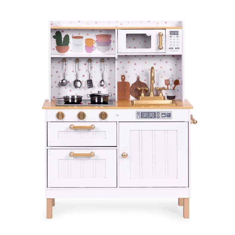 MeowBaby White &amp; Rose Gold Wooden Play Kitchen, straight-on front view with open shelving and hanging utensils