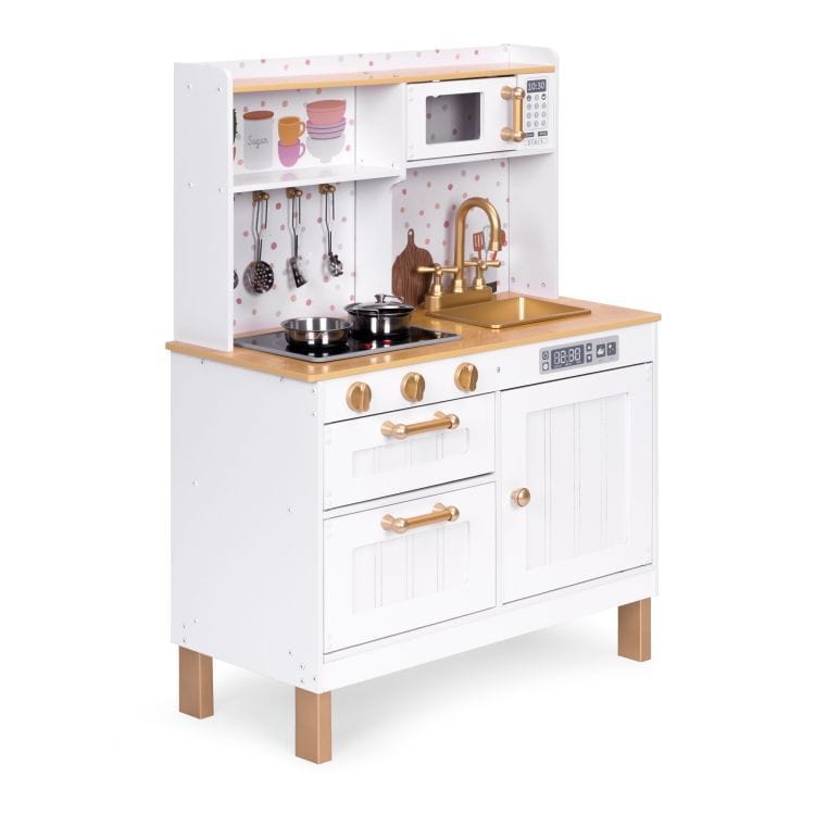 MeowBaby White &amp; Rose Gold Wooden Play Kitchen, angled view showing hob, sink and cabinet drawers