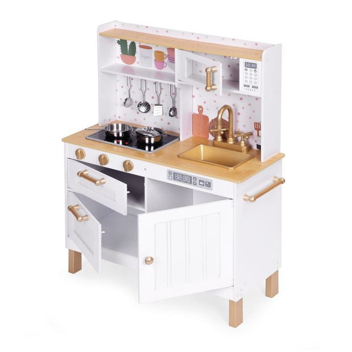 MeowBaby White &amp; Rose Gold Wooden Play Kitchen, angled view with cabinet door open
