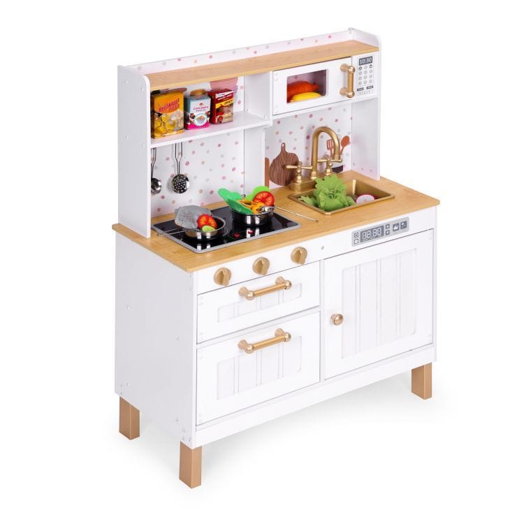 MeowBaby White &amp; Rose Gold Wooden Play Kitchen styled with decorative pretend food props (props not included)