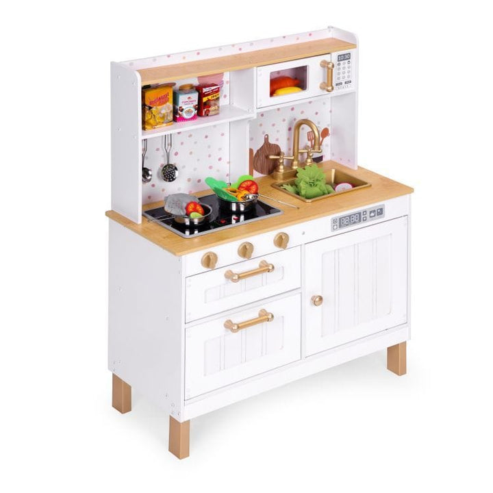 MeowBaby White &amp; Rose Gold Wooden Play Kitchen styled with decorative pretend food props (props not included)