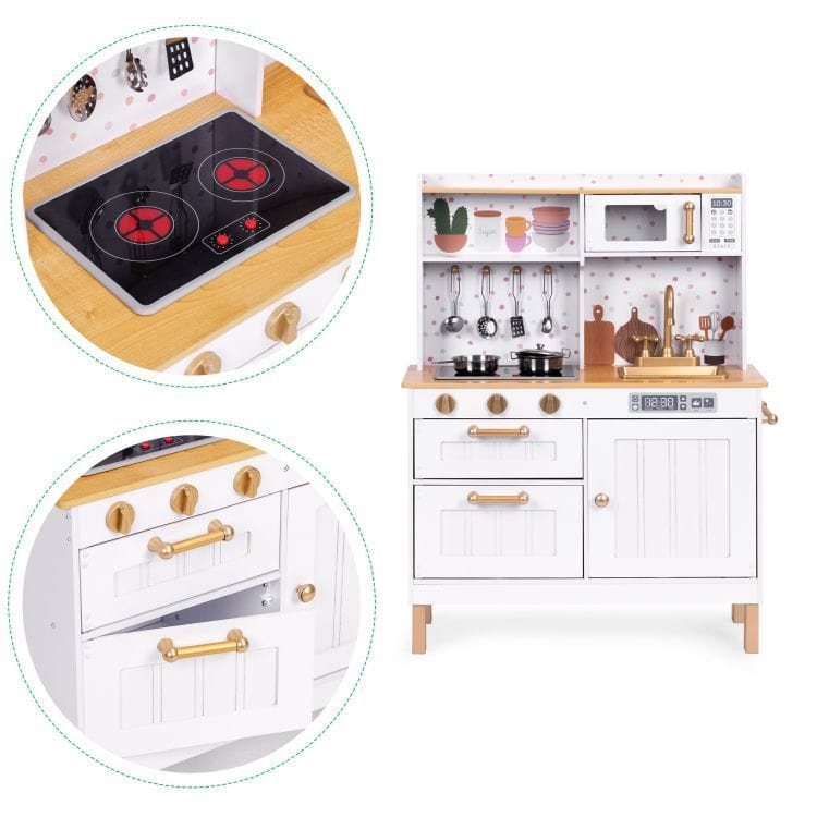 Close-up of the MeowBaby White &amp; Rose Gold Wooden Play Kitchen illuminated hob and drawer handles