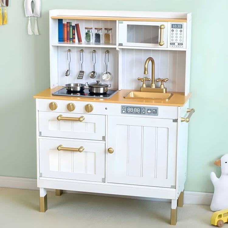 MeowBaby White &amp; Rose Gold Wooden Play Kitchen styled in a mint green playroom setting