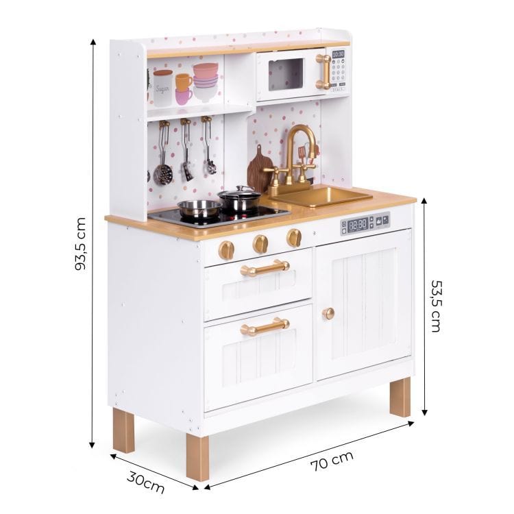 MeowBaby White &amp; Rose Gold Wooden Play Kitchen dimensions diagram: 93.5cm high, 70cm wide, 30cm deep