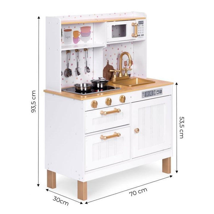 MeowBaby White &amp; Rose Gold Wooden Play Kitchen dimensions diagram: 93.5cm high, 70cm wide, 30cm deep