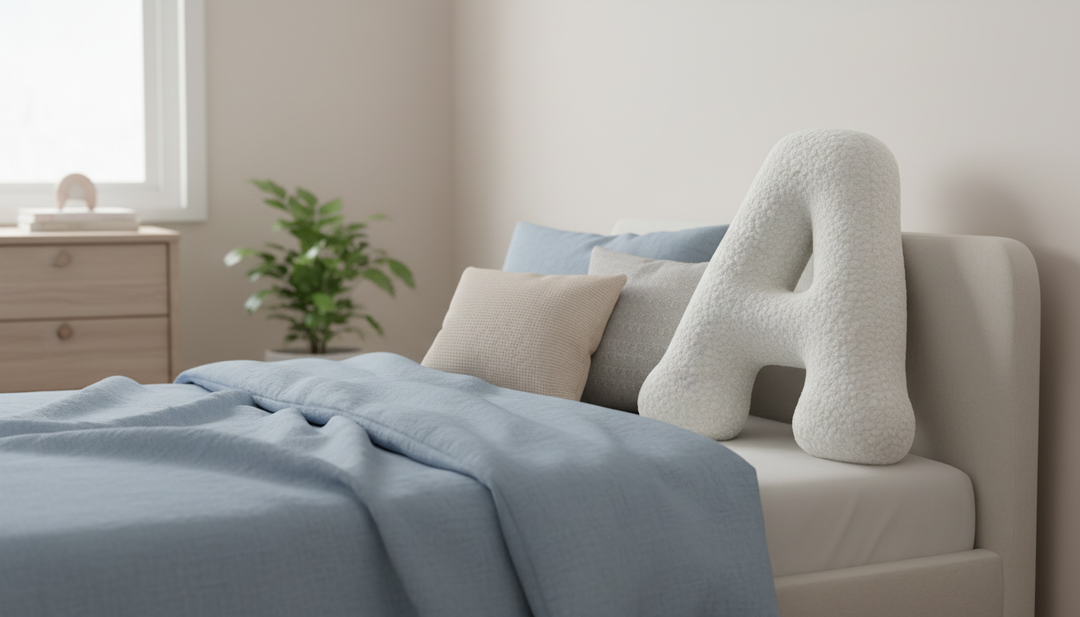 MeowBaby White Teddy Letter Cushion propped against pillows on a made toddler bed