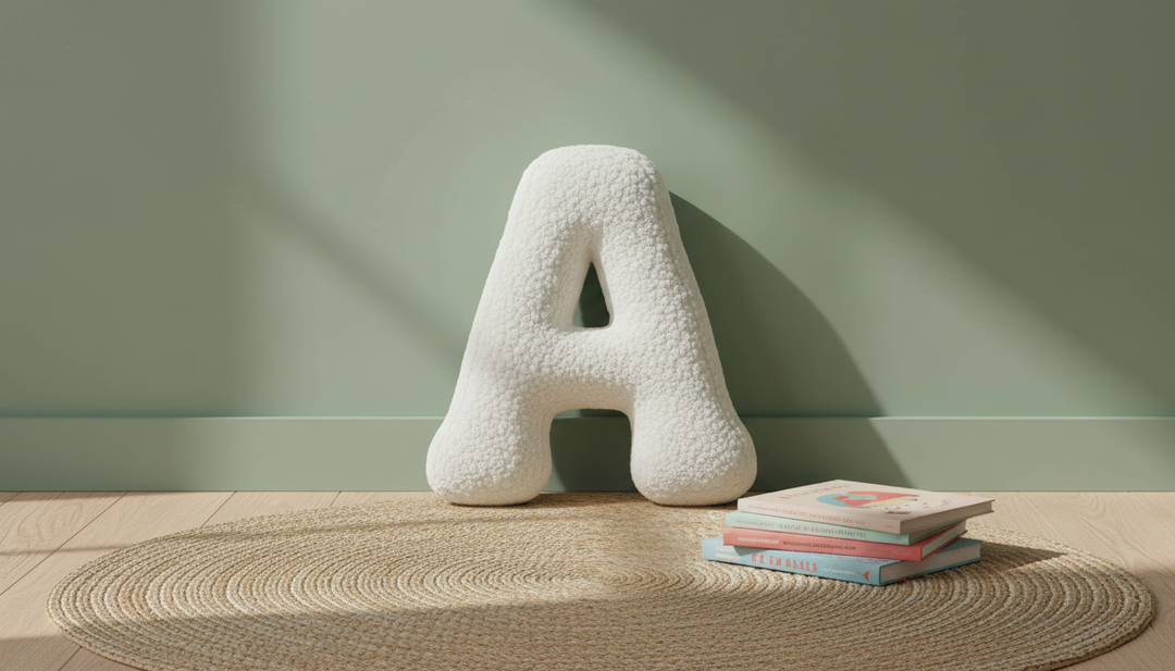 MeowBaby White Teddy Letter Cushion in a reading nook on a jute rug beside picture books