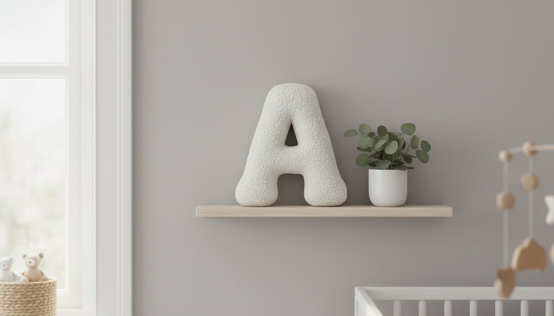 MeowBaby White Teddy Letter Cushion styled on a nursery shelf beside a potted plant