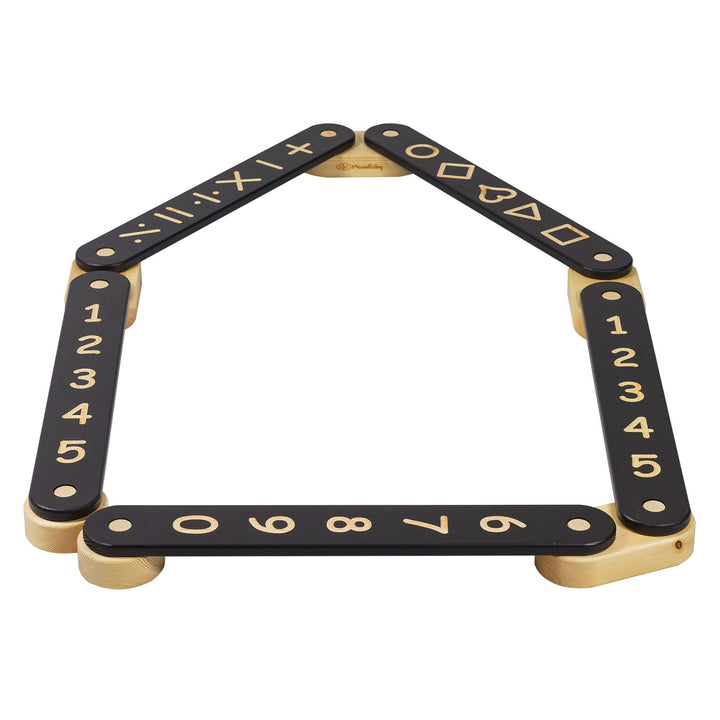 MeowBaby Wooden Balance Beam Sensory Path, 5-piece, Black, folded into a house shape showing the numbers and shapes side
