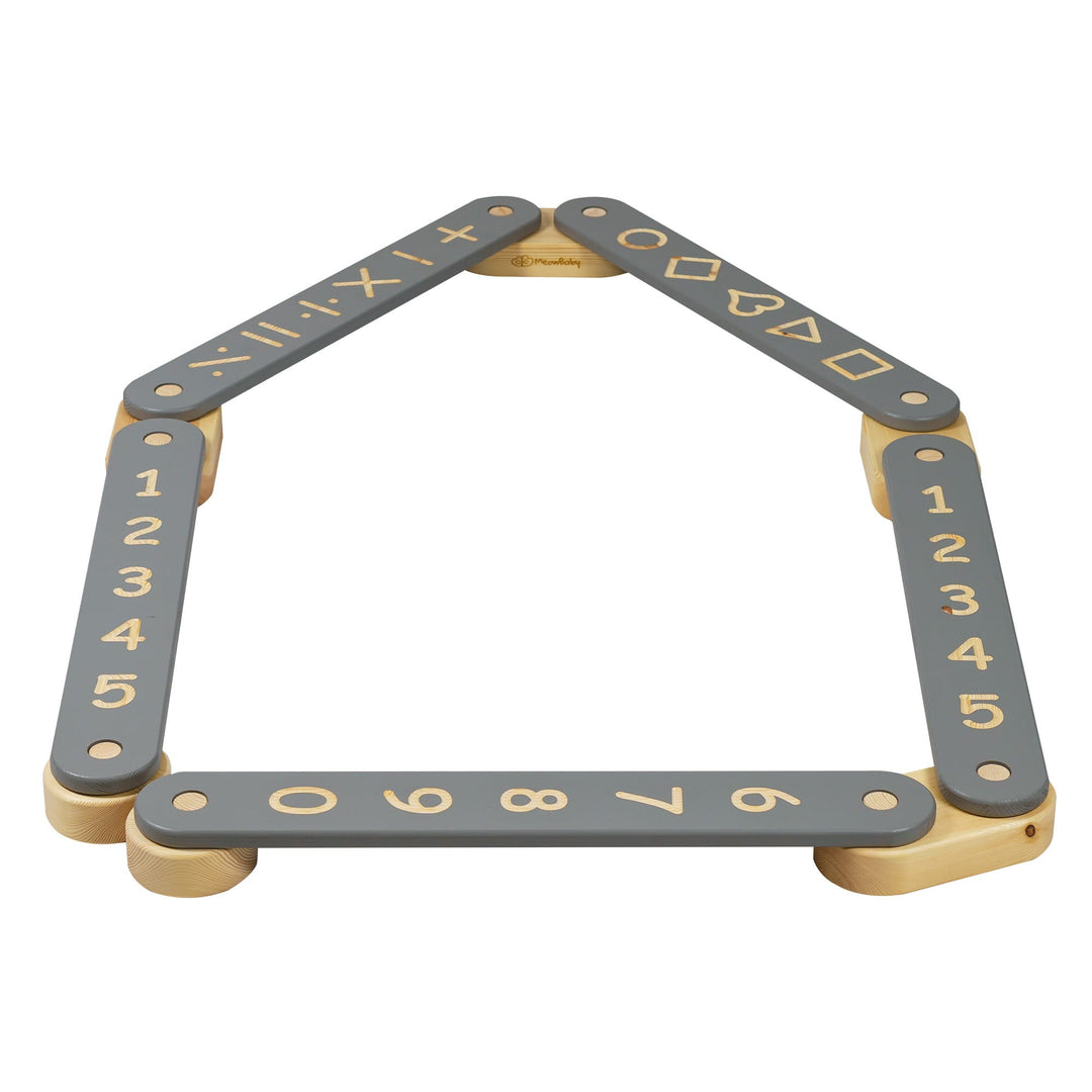 MeowBaby Wooden Balance Beam Sensory Path, 5-piece, Grey, folded into a house shape showing the numbers and shapes side