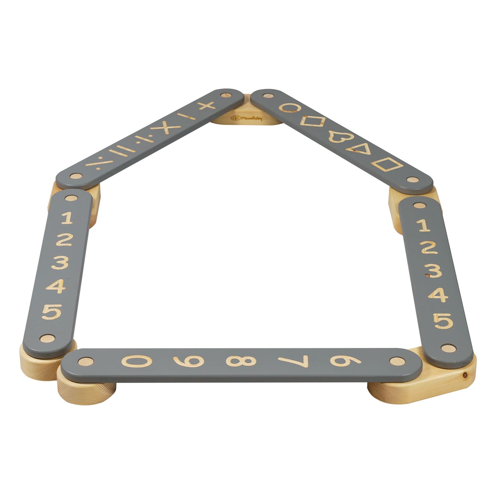 MeowBaby Wooden Balance Beam Sensory Path, 5-piece, Grey, folded into a house shape showing the numbers and shapes side