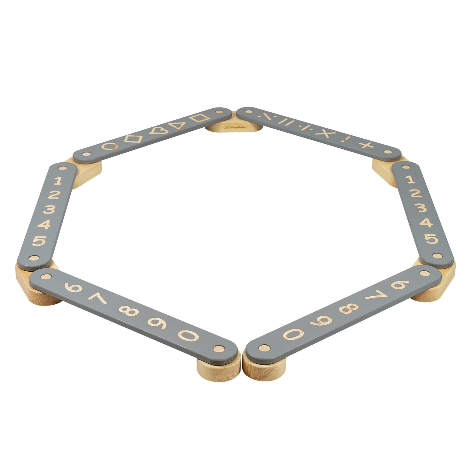 MeowBaby Wooden Balance Beam Sensory Path, 6-piece, Grey, folded into a hexagon showing the numbers and shapes side