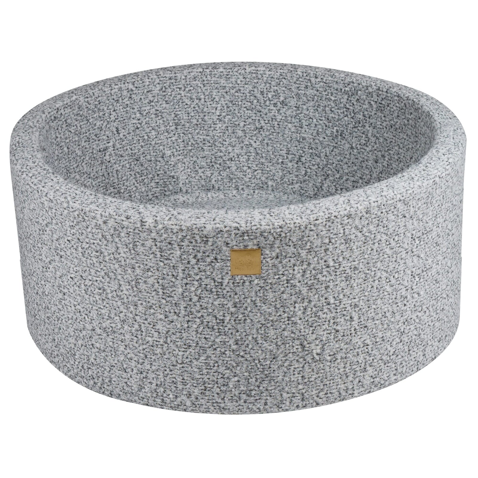Empty grey round ball pit with tan brand label MeowBaby