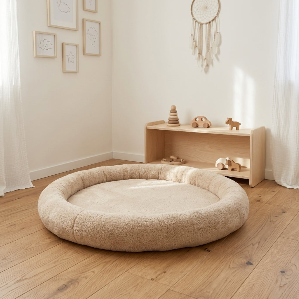 Monio for Kids Beige Plush Padded Nest Playmat styled in a bright Scandinavian nursery corner
