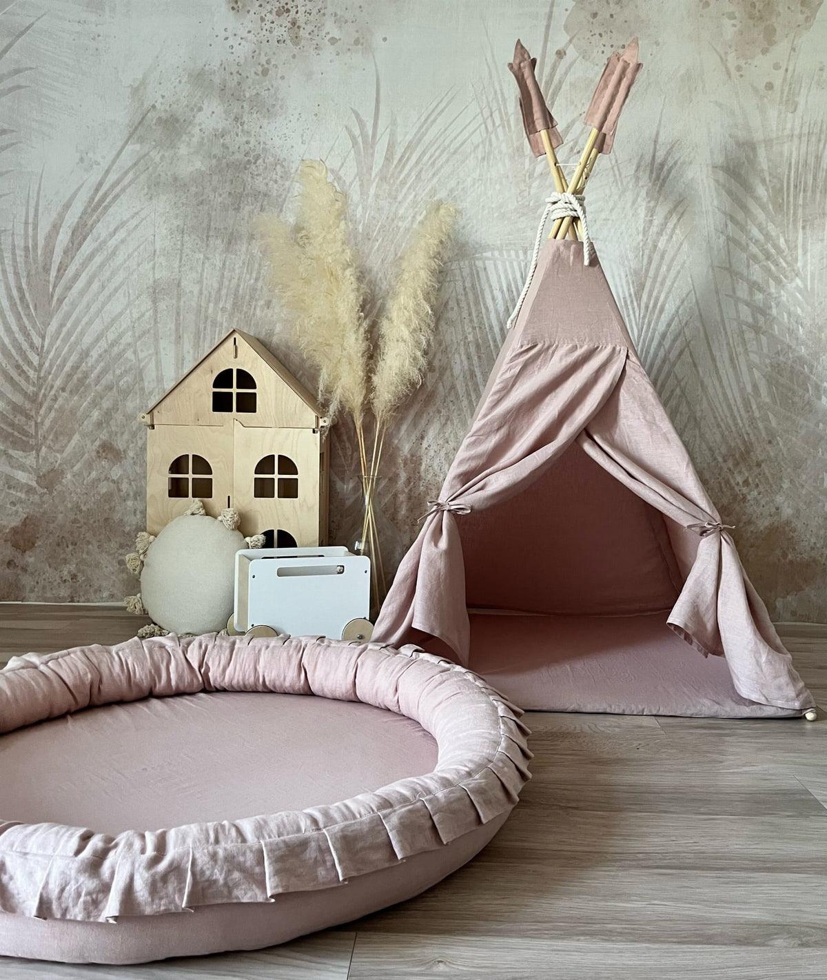 Dusty Pink Linen Padded Nest Playmat Play Mats MONIO for Kids