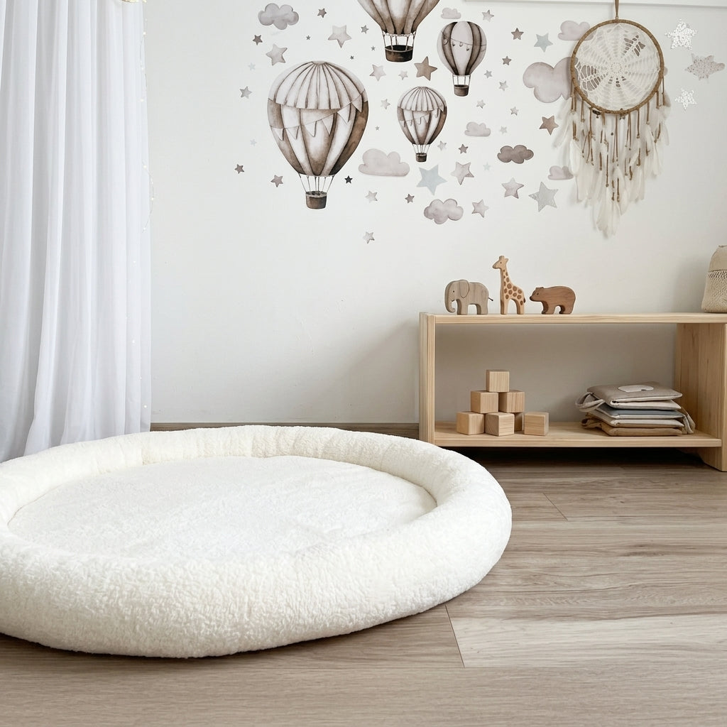Monio for Kids Ecru Plush Padded Nest Playmat styled in a bright Scandinavian nursery corner