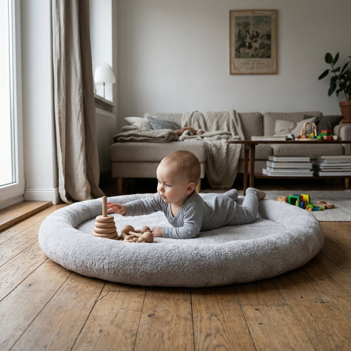 Baby playing inside the Monio for Kids Light Grey Plush Padded Nest Playmat at home