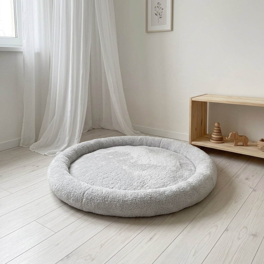 Monio for Kids Light Grey Plush Padded Nest Playmat styled in a bright Scandinavian nursery corner