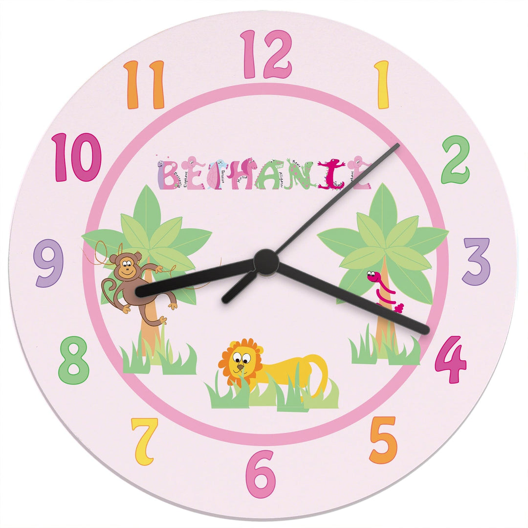 Personalised Animal Alphabet Clock Wall Clocks Mini Bee Pink 