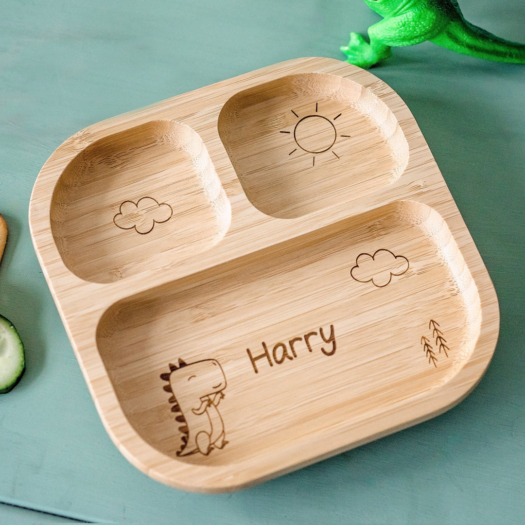 Personalised Dinosaur Bamboo Suction Plate Plates Mini Bee 