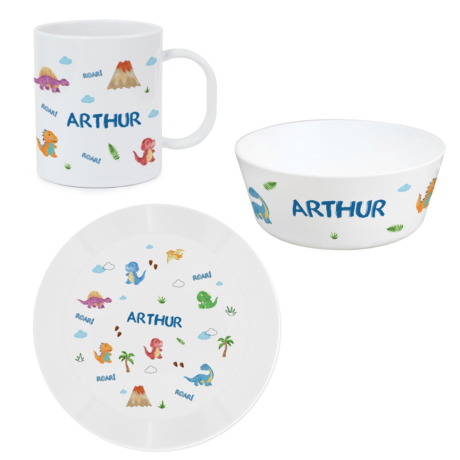 Personalised Dinosaur Plastic Breakfast Set Plates Mini Bee 