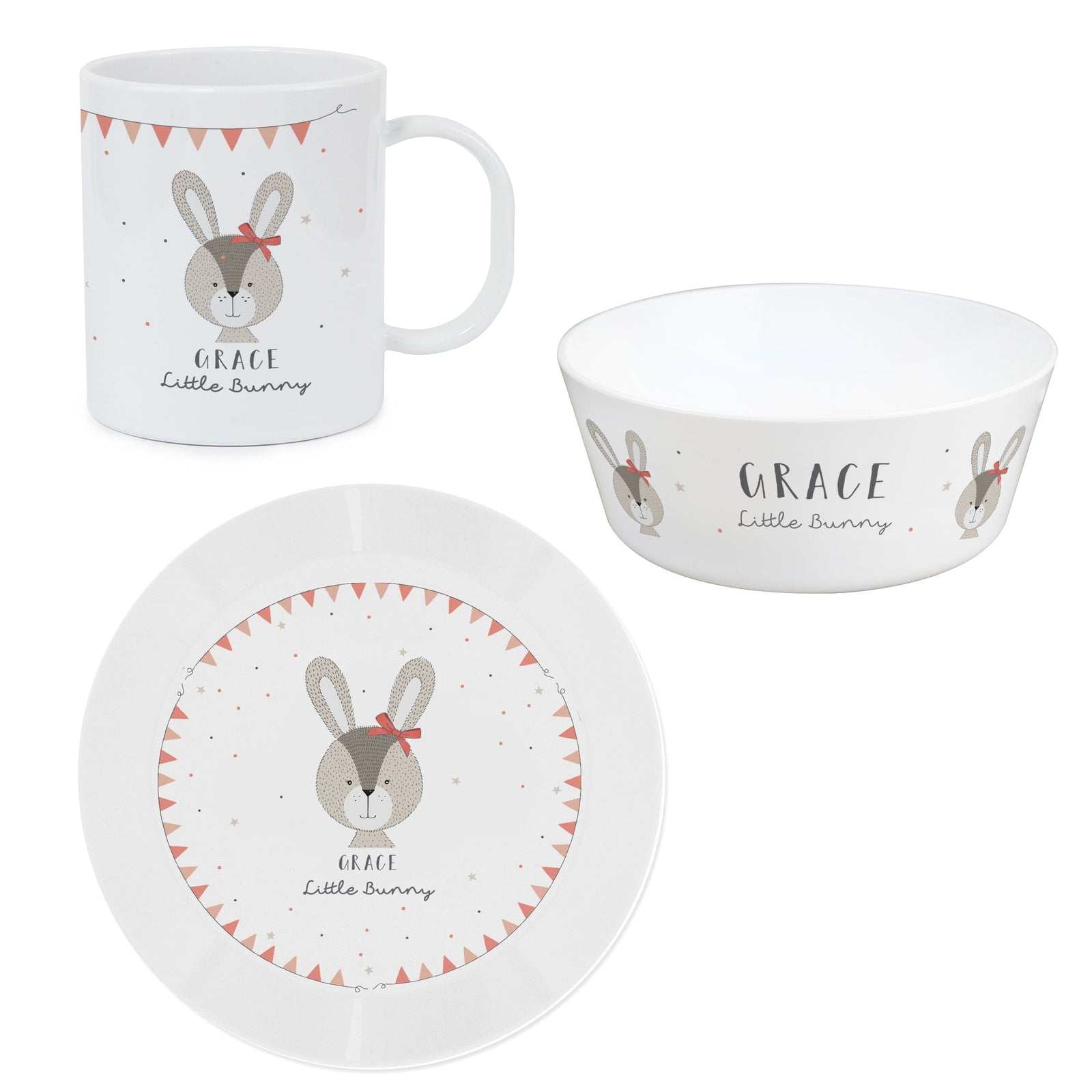 Personalised Little Bunny Pink Plastic Breakfast Set Plates Mini Bee 