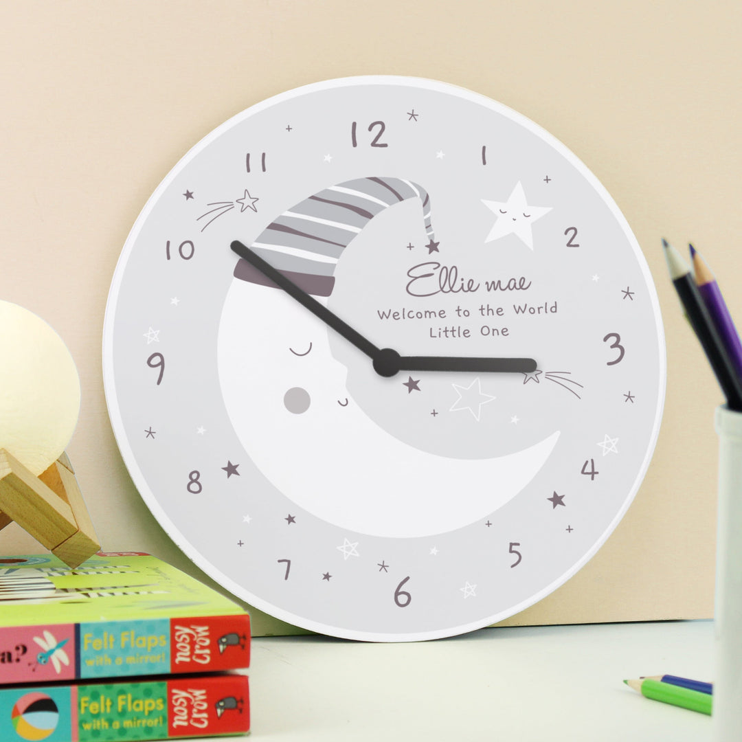Personalised Moon Wooden Nursery Clock Wall Clocks Mini Bee 