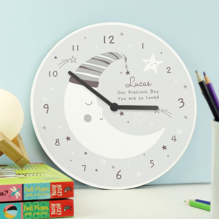 Personalised Moon Wooden Nursery Clock Wall Clocks Mini Bee 