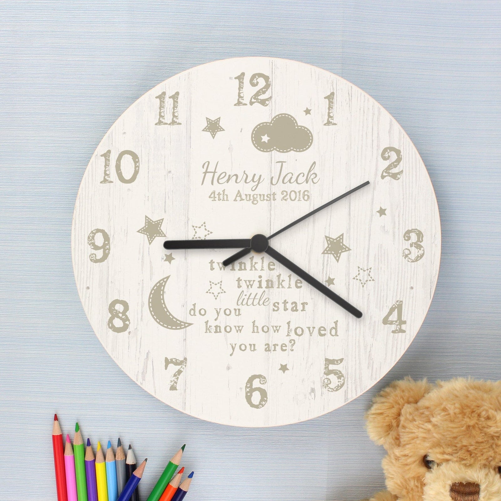 Personalised Twinkle Twinkle Shabby Chic Large Wooden Clock Wall Clocks Mini Bee 