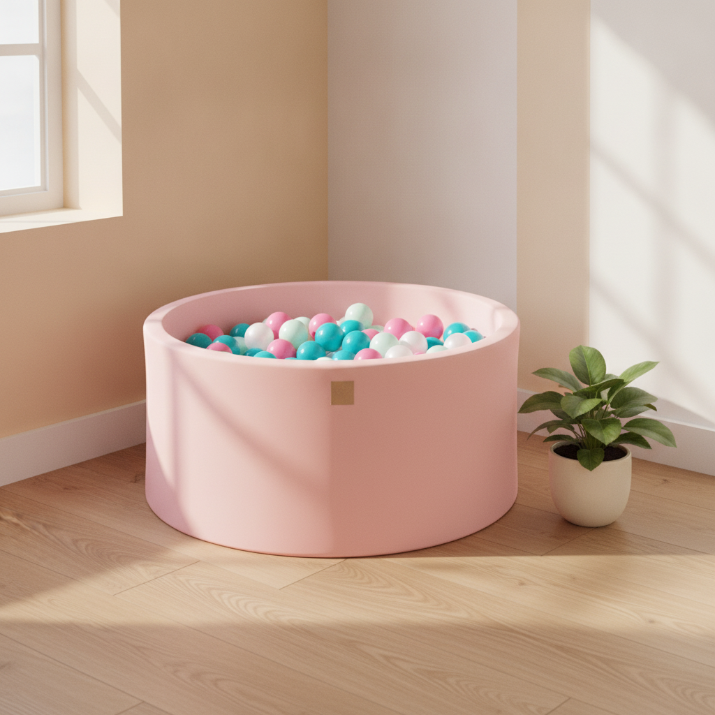 MeowBaby Powder Pink Ball Pit styled in a real home setting