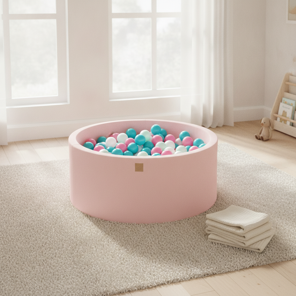 MeowBaby Powder Pink Ball Pit styled in a real home setting