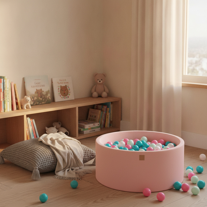 MeowBaby Powder Pink Round Cotton Ball Pit in a cosy reading nook