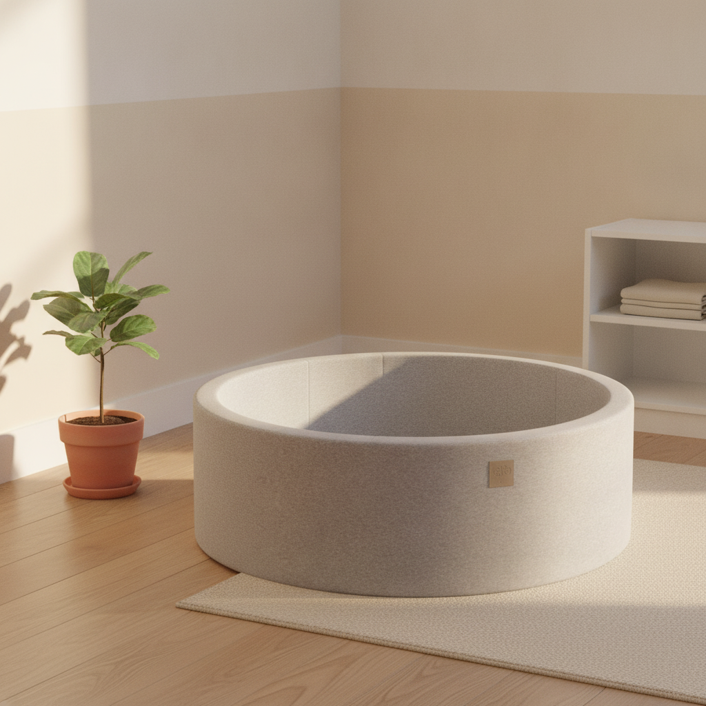 MeowBaby Light Grey Round Cotton Ball Pit in a Scandi nursery corner