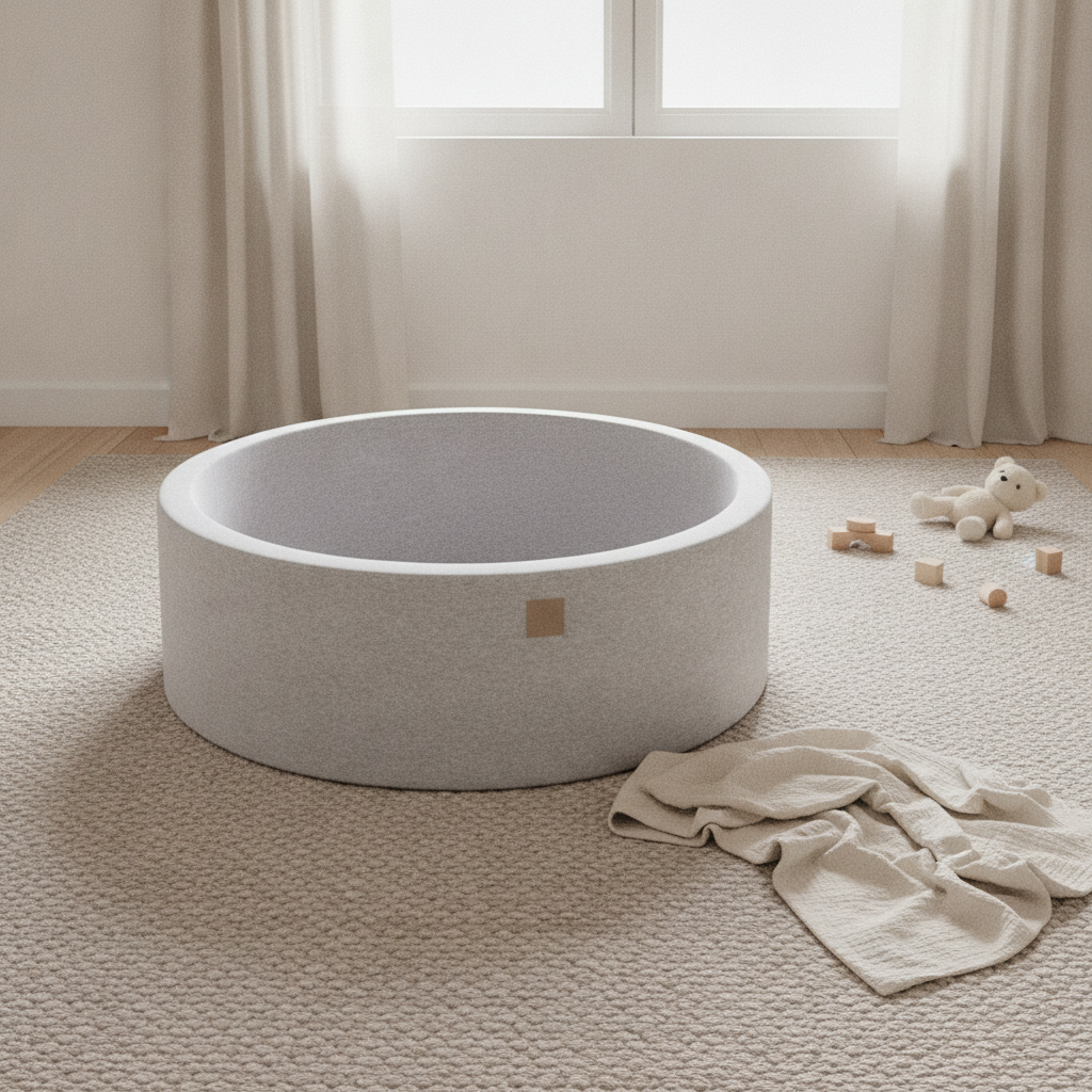 MeowBaby Light Grey Round Cotton Ball Pit on a rug in a bright playroom