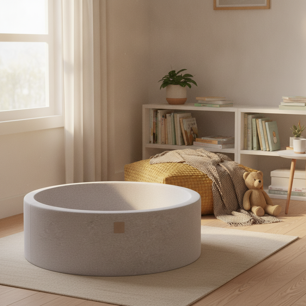 MeowBaby Light Grey Ball Pit styled in a real home setting