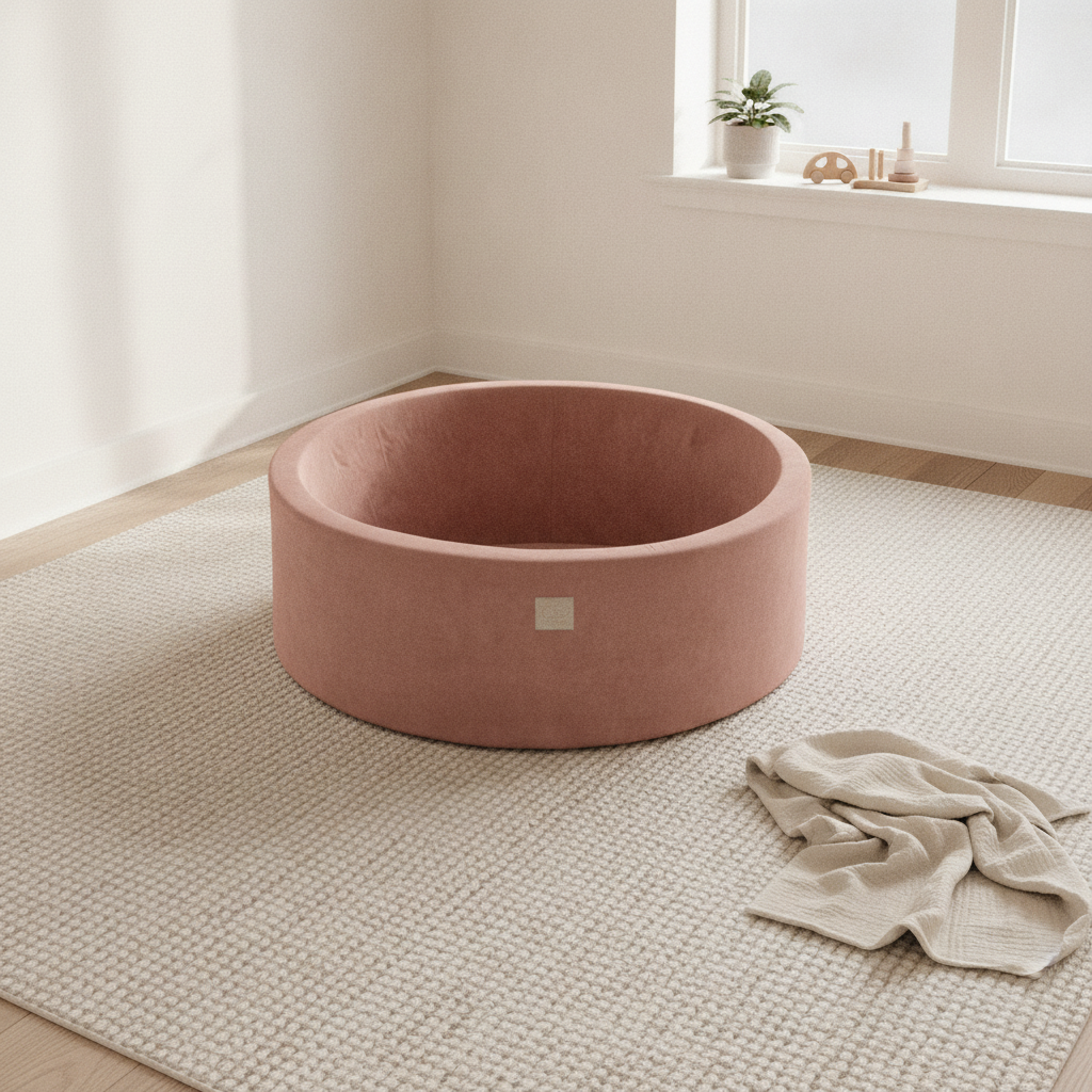 MeowBaby Beige Round Velvet Ball Pit on a rug in a bright playroom