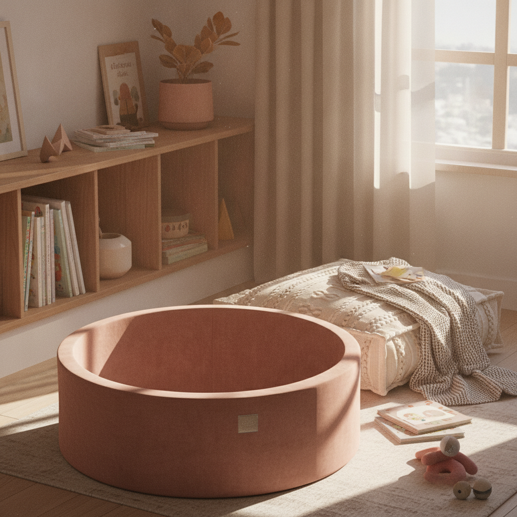 MeowBaby Beige Ball Pit styled in a real home setting