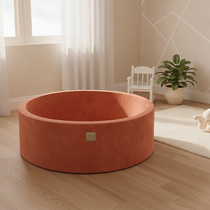 MeowBaby Red Round Velvet Ball Pit in a Scandi nursery corner