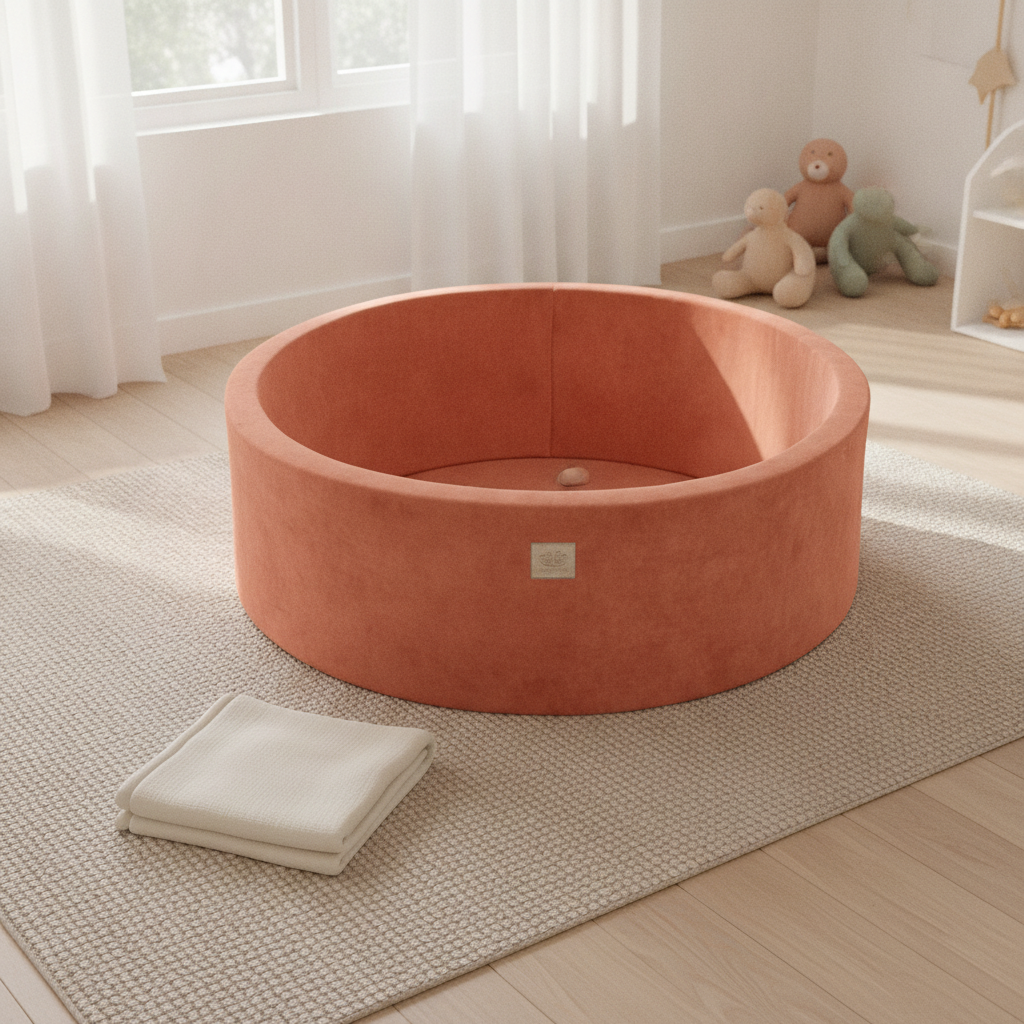 MeowBaby Red Ball Pit styled in a real home setting