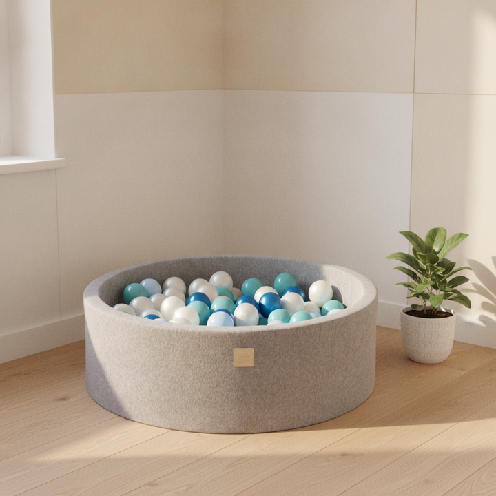 MeowBaby Light Grey Round Velvet Ball Pit in a Scandi nursery corner