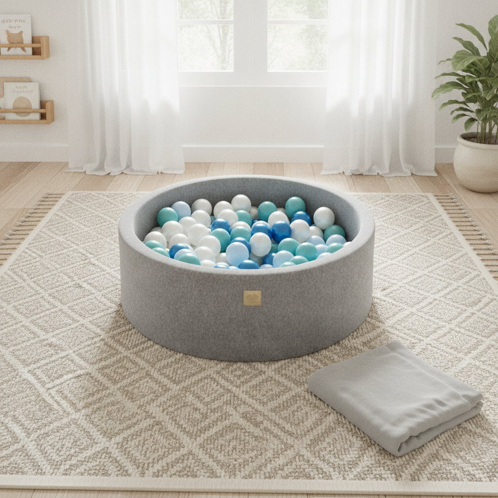 MeowBaby Light Grey Ball Pit styled in a real home setting