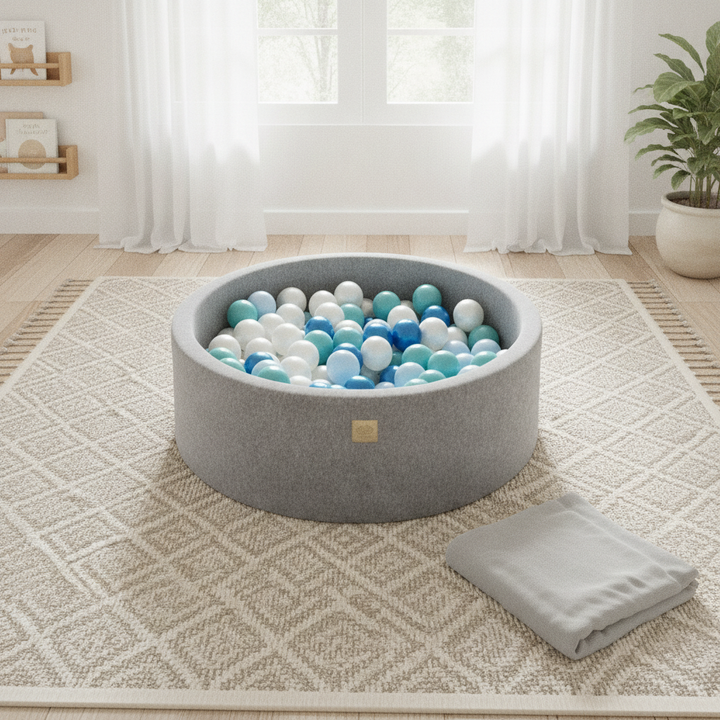 MeowBaby Light Grey Round Velvet Ball Pit on a rug in a bright playroom