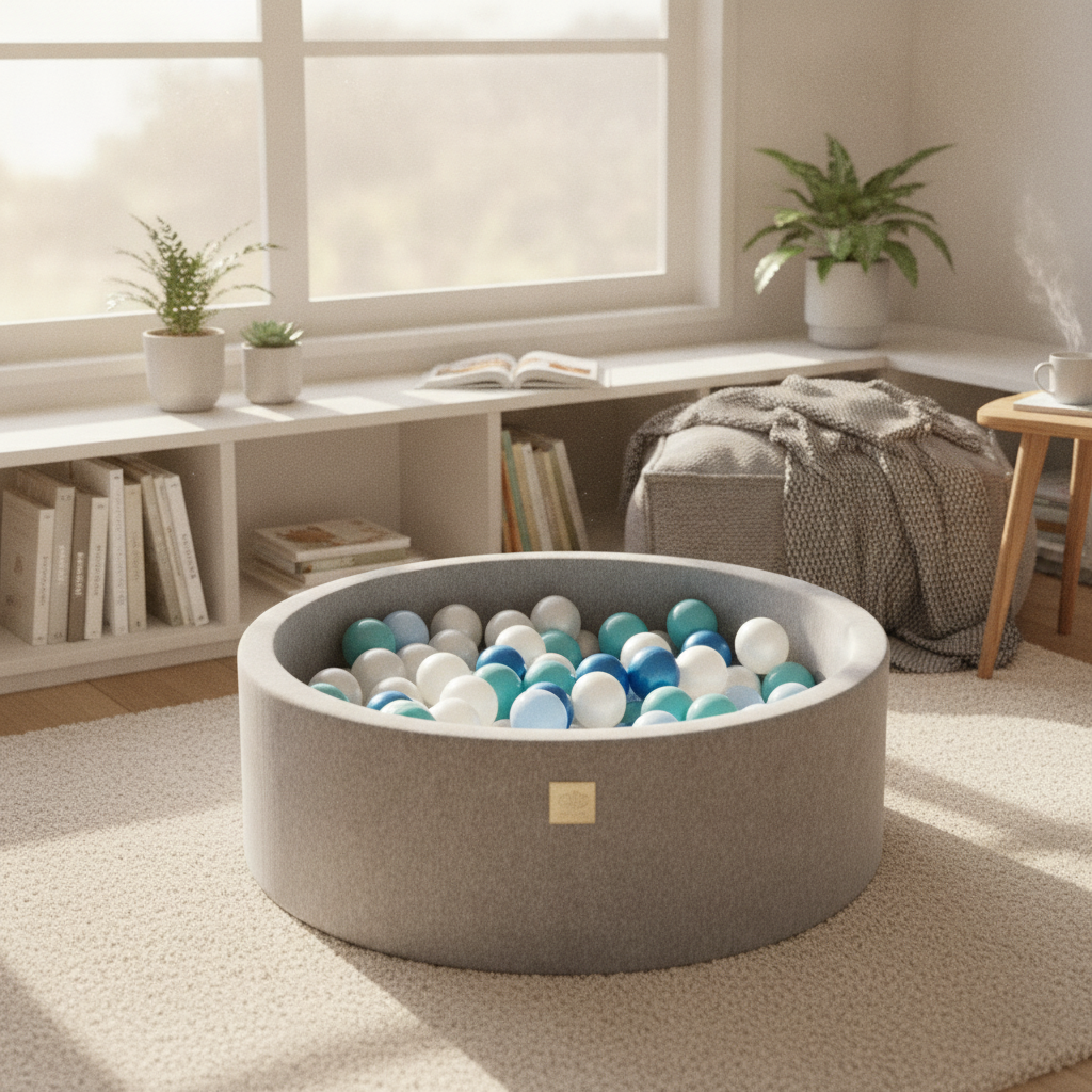 MeowBaby Light Grey Ball Pit styled in a real home setting