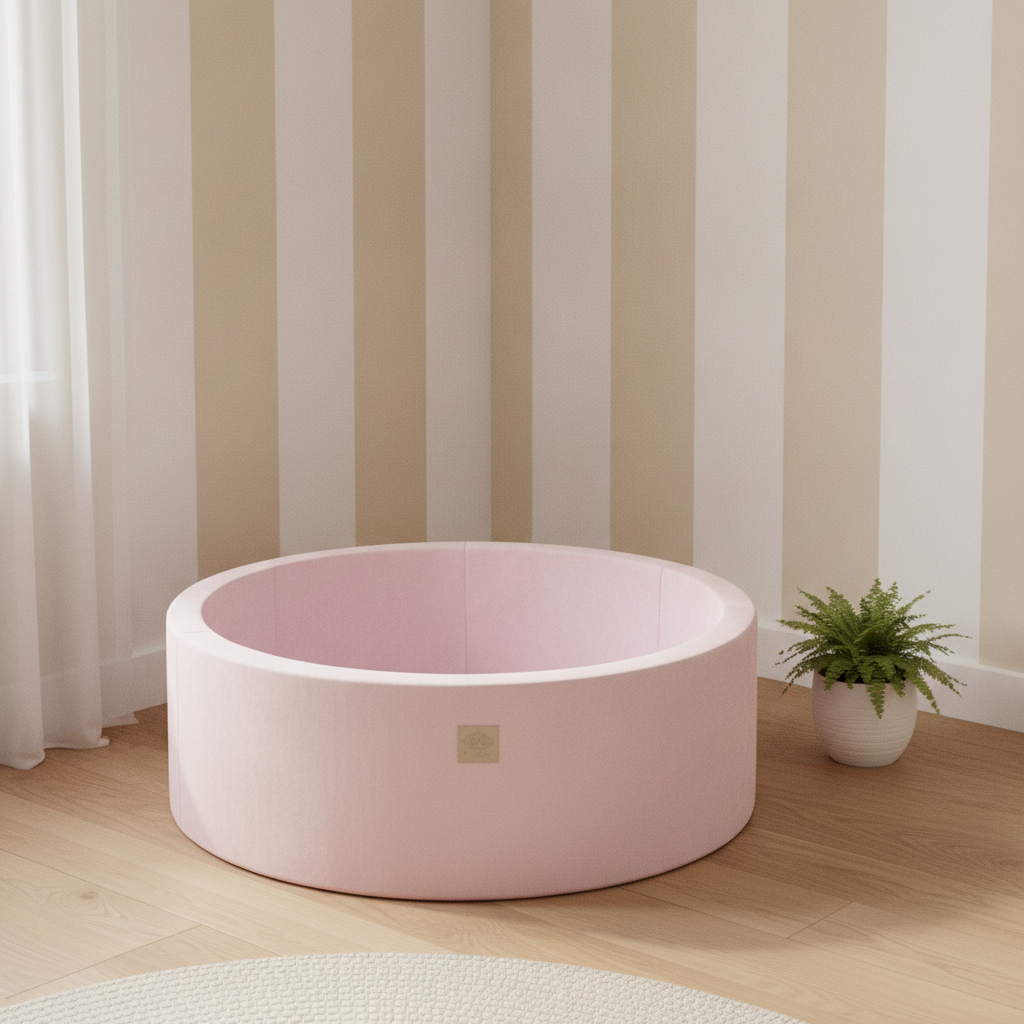 MeowBaby Powder Pink Round Velvet Ball Pit in a Scandi nursery corner