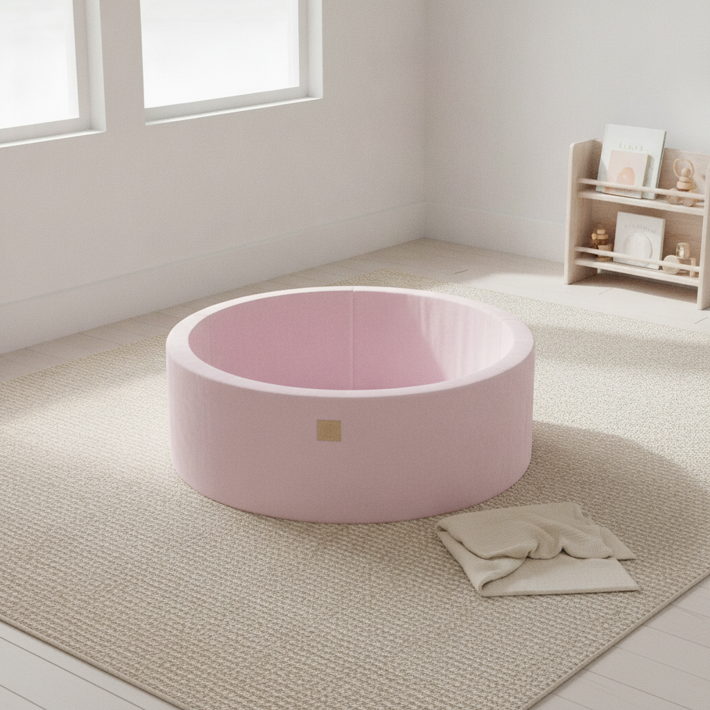 MeowBaby Powder Pink Round Velvet Ball Pit on a rug in a bright playroom