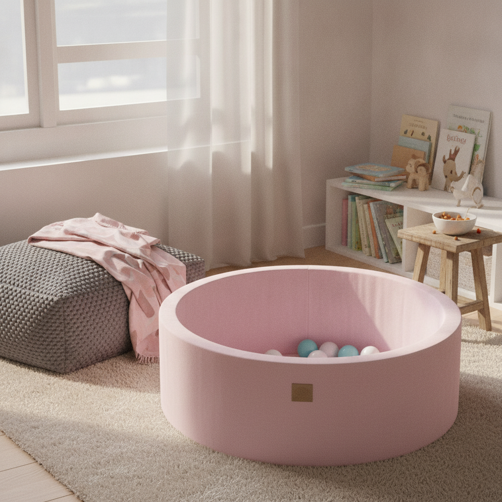 MeowBaby Powder Pink Round Velvet Ball Pit in a cosy reading nook